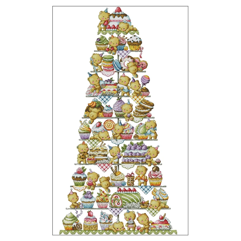 

Cross Stitch Cotton Kit 18CT 14CT 11CT Precision Print Hand-Embroidered Material Pack Cartoon 10 Layer Cake Tower Bear