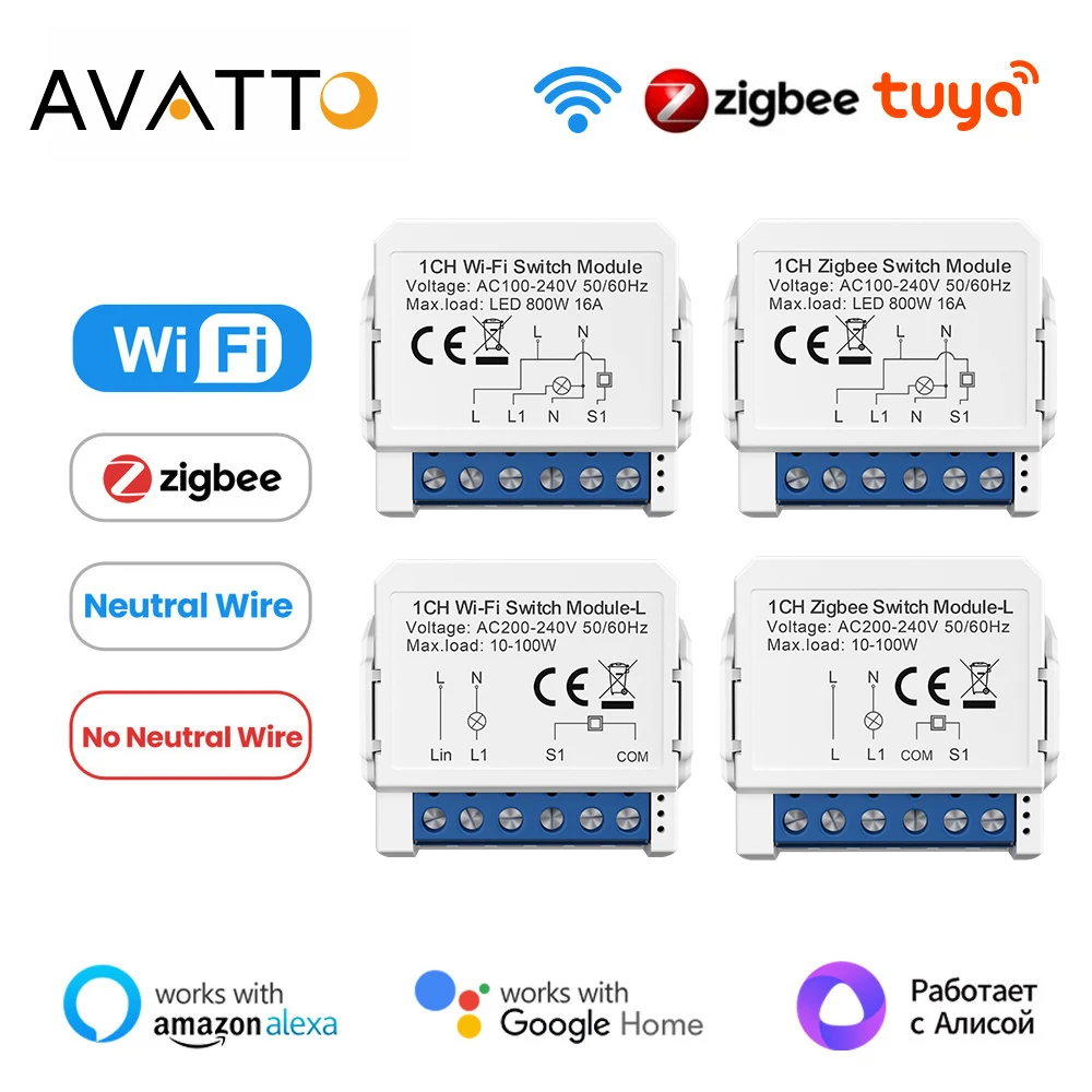AVATTO Tuya WiFi Zigbee สมาร์ทโมดูลสวิทช์ไฟ, Neutral Wire/ไม่มี Neutral Wire ควบคุม DIY Breaker ทํางานสําหรับ Alexa, Google Home 1
