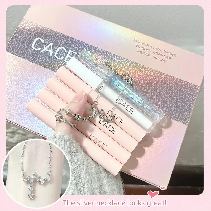 CACE Matte Liquid Lipstick Makeup Sets 4 Colors Lipgloss 1pc Transparent Lipgloss 1pc Lip Balm Plumper Necklace Gift lip makeup set