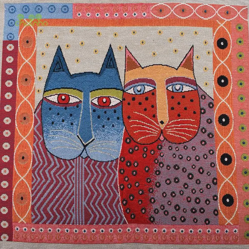 Chainho,Yarn Dyed Polyester Linen Jacquard Fabric,DIY Sewing Cushion,Bags Material,Cats Cartoon Series,4 Pieces/Lot,48x48cm