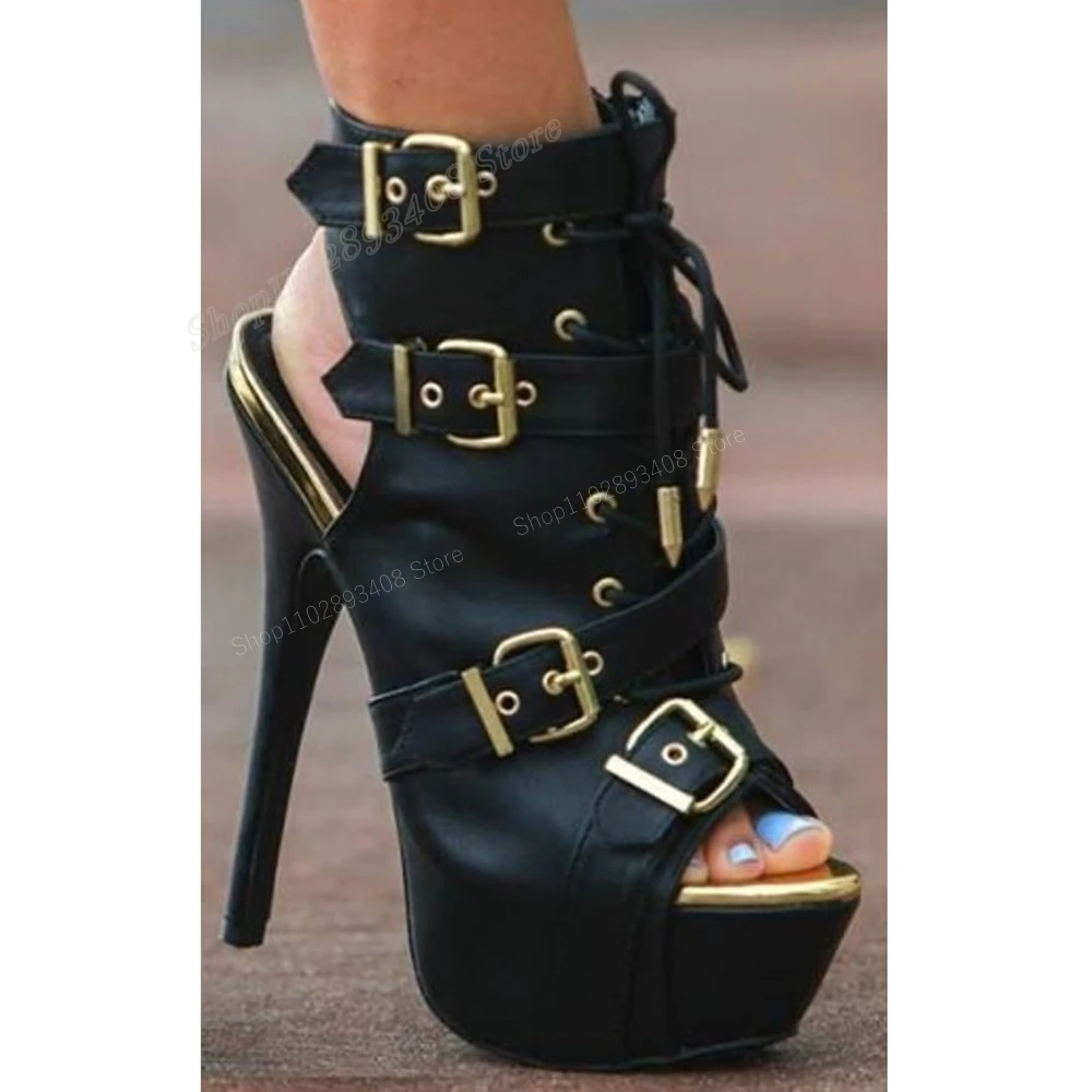 

Black Buckle Strap Platform Sandal Boots Cross Tied Peep Toe Stiletto High Heel Fashion Women Shoes 2024 Zapatos Para Mujere