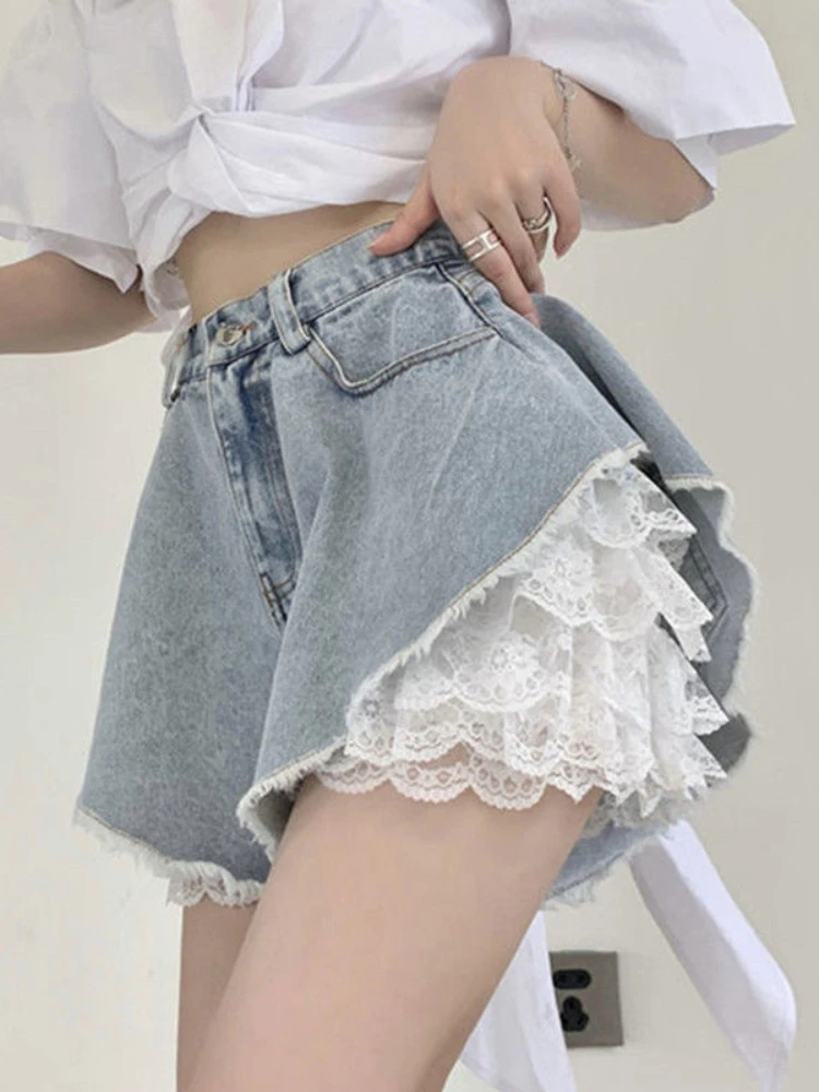 ADAGirl 여성용 블루 레이스 데님 반바지, Y2k 패션, 루즈 하이 웨이스트, 한국 스타일 캐주얼 A 라인 청바지, 레트로 스트리트웨어, 여름 바지