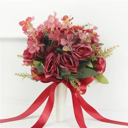 Elegant Pink Silk Rose Wedding Bouquet with Ribbon Accents (Burgundy)