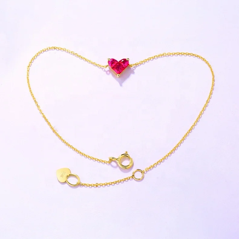 custom 9k solid gold Red corundum heart bracelet adjustable bracelet with heart