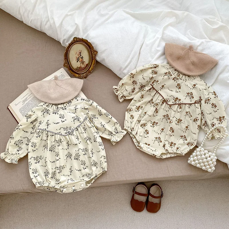 

2024 New Spring Infant Baby Girl Bodysuits Long Sleeved Corduroy Floral Printing Newborn Baby Girl Jumpsuit Children Clothes