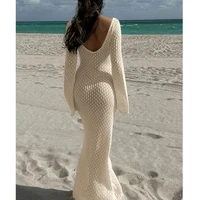 New Style Knitting Hollow Out V-Neck Long Sleeve Dress Ladies Beach Holiday Backless Bikini Cover-Ups Sunscreen Long Dress - Image 2