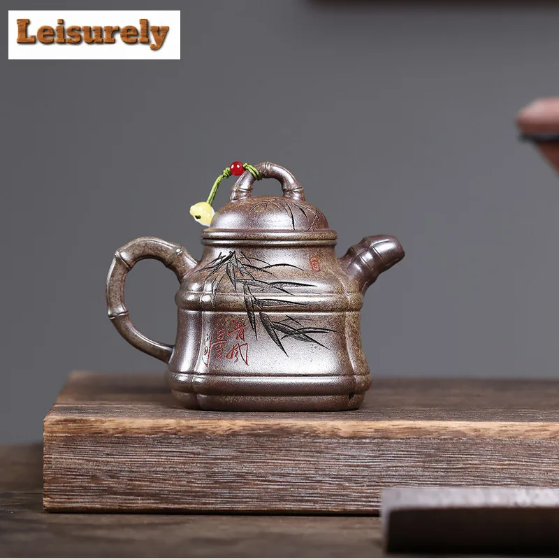 300ml Yixing Purple Clay Teapots Handmade Bamboo Tripod Pot Raw Ore Wood-fired Porcelain Mud Kettle With Filter Zisha Tea Set