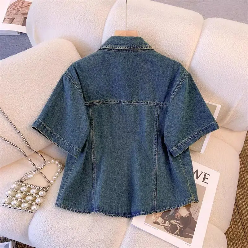 2024 New Summer Retro Young Style Casual Versatile Short Sleeved Thin Jackets Solid Color Lapel Pocket Button Women's Coat Top