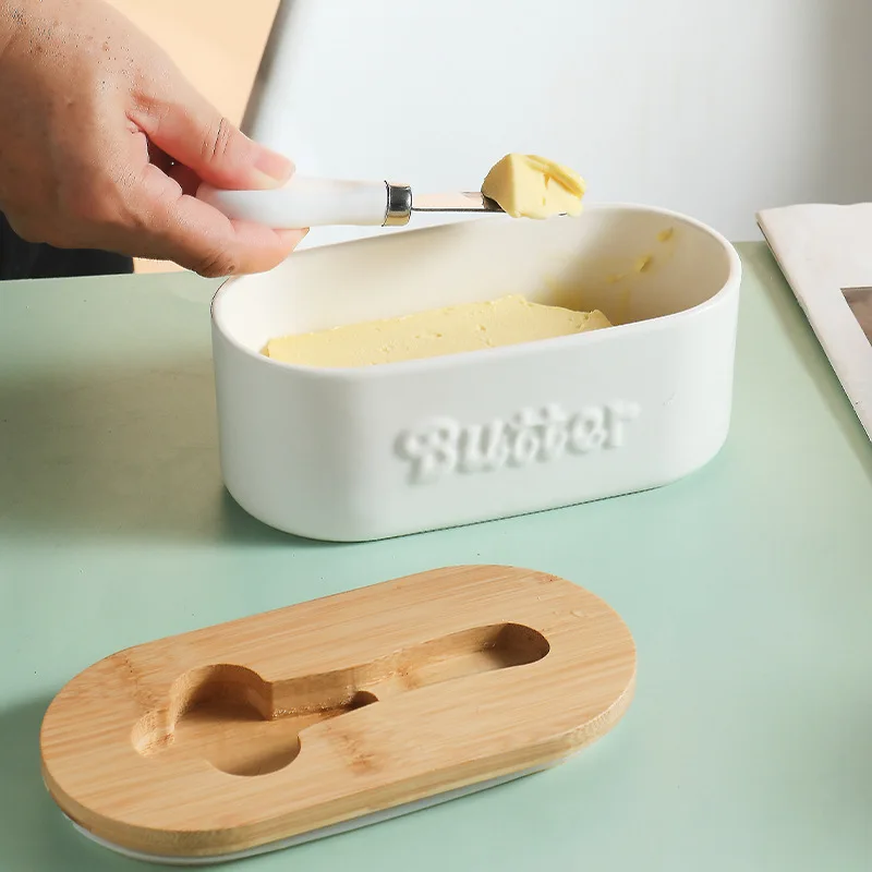 Ceramic Butter Box Butter Box Fresh-keeping Belt Wood with Knife Set Dish Household Cheese Ceramic