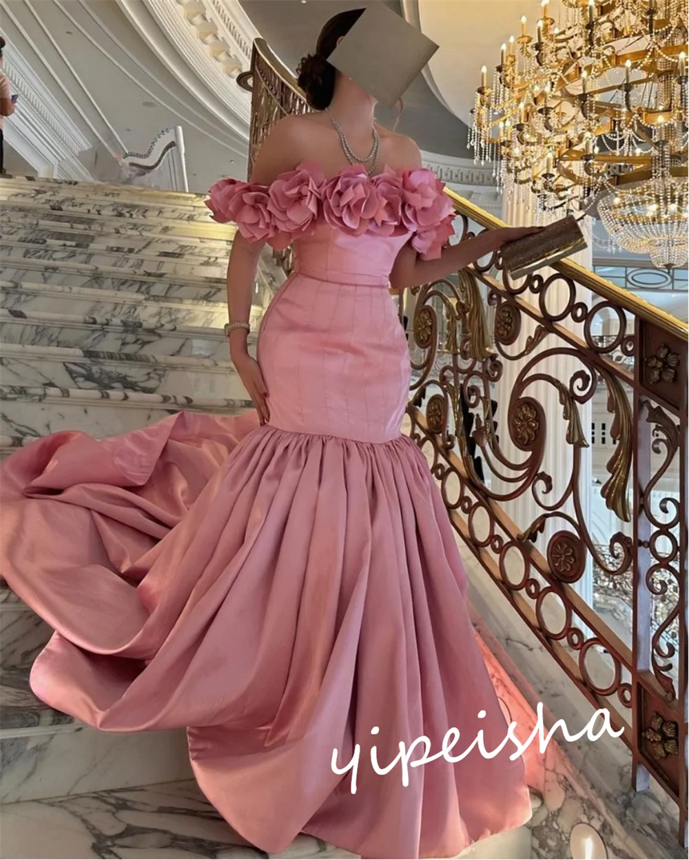 Ball Dress Saudi Arabia Prom Satin Flower Draped Party Mermaid Off-the-shoulder Bespoke Occasion Gown Long Dresses