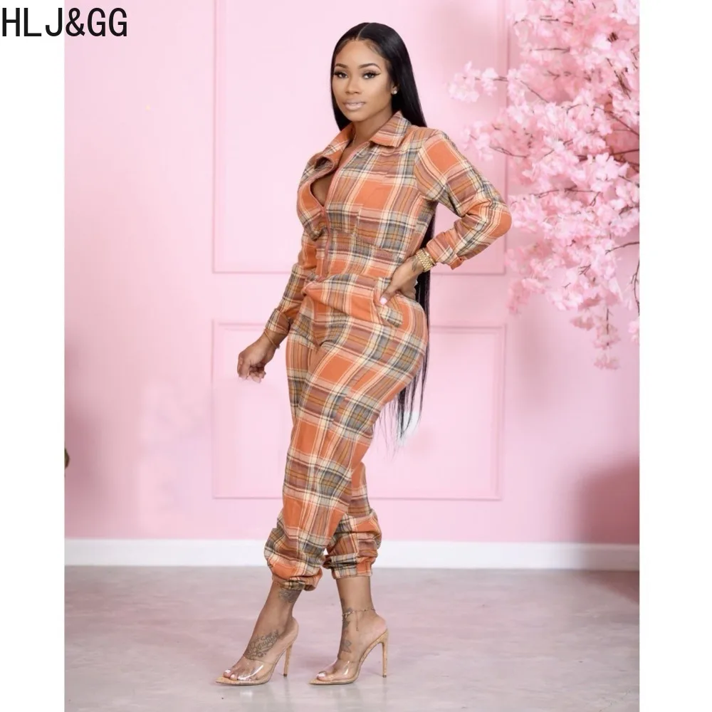 HLJ&GG Spring Casual Plaid Printing Zipper Loose Jumpsuits Women V Neck Long Sleeve Pocket Jogger Pants Playsuits Female Overall