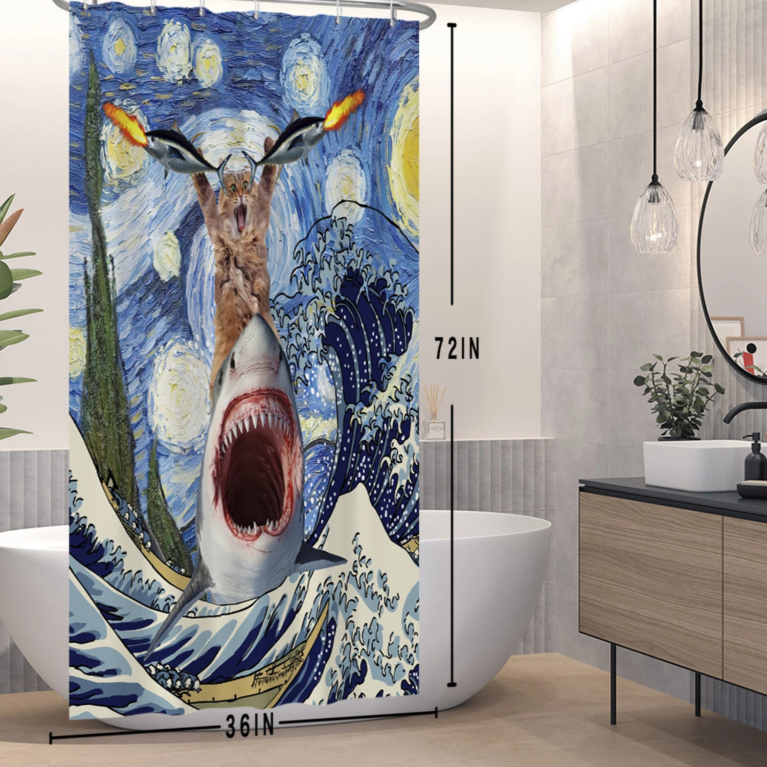 Hero Great White Shark With Gun Cat Funny Shower Curtain For Bathtub Cover Bathroom Cover Bathing 12pcs Hooks shower curtains