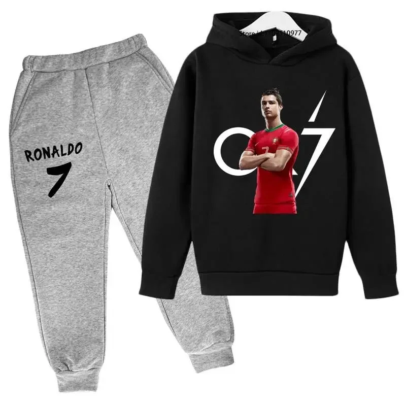 thumbnail image 1 of Conjunto de 2 piezas de sudadera con capucha y pantalones con estampado de ídolo de fútbol Cr7 para niños de 3 a 13 años, ropa informal para bebés, 1 of 5