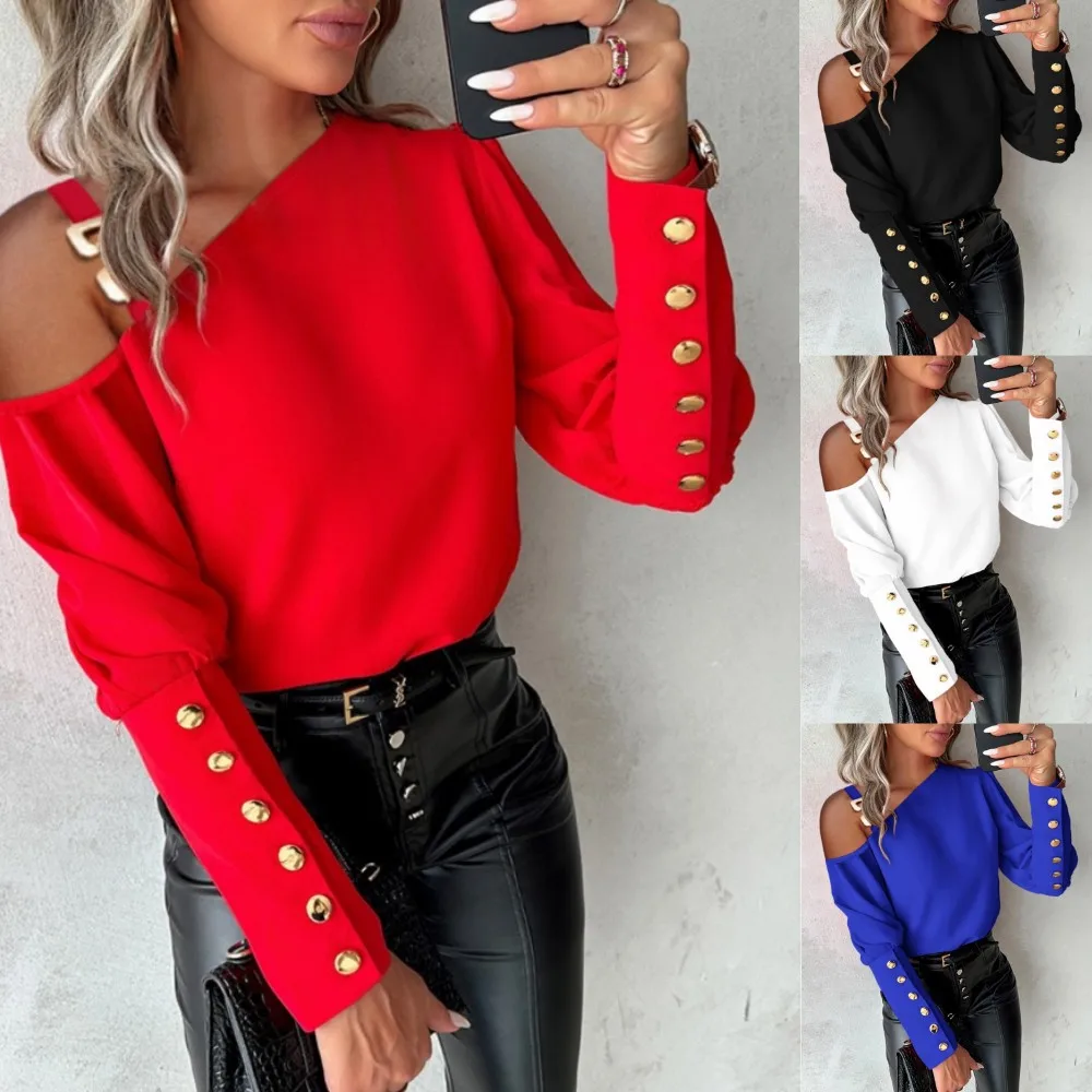 Red Metallic Long Sleeve Casual Women T Shirt