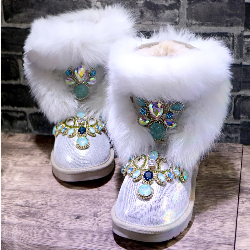 

Handmade custom big fox hair gemstone crystal comfortable low tube leather snow boots warm large size
