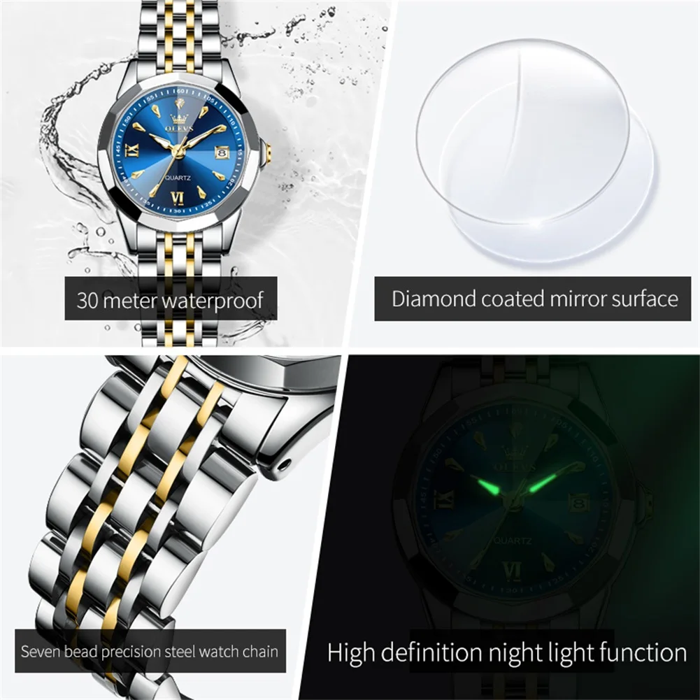 OLEVS 9998 Quartz Couple Watches Original Rhombus Mirror Waterproof Dress Wristwatch Luminous Date Fashion Watch For Men Women