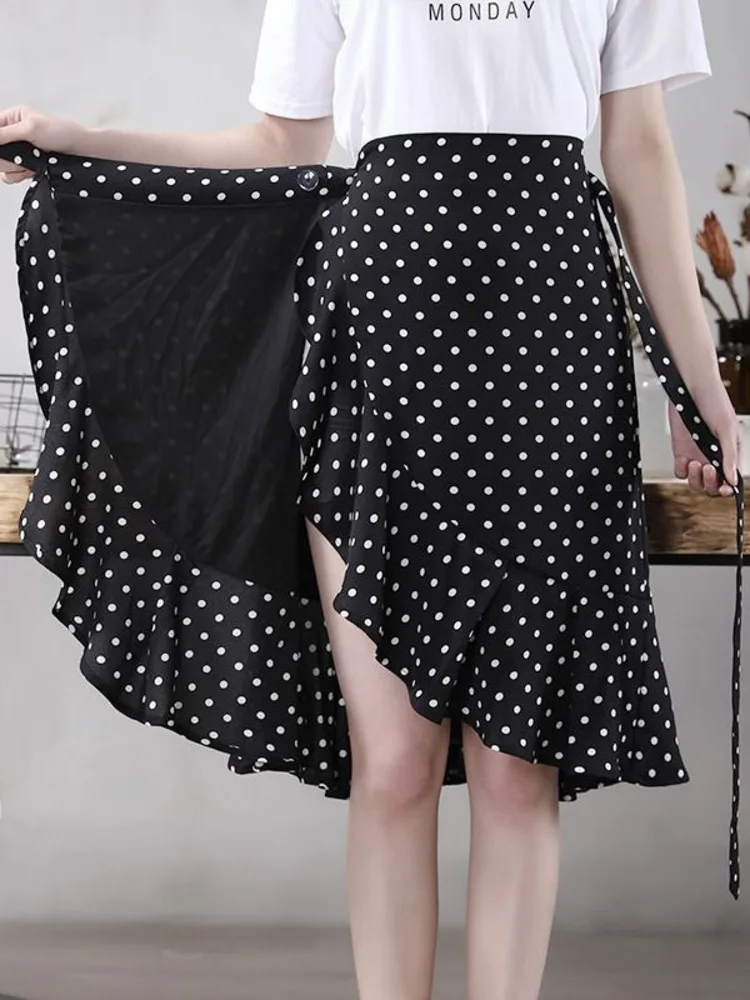 

Multi Dot Print Short Mini Skirts Women Summer Ruffle High Waist Bow Tie Skirt Ladies Streetwear