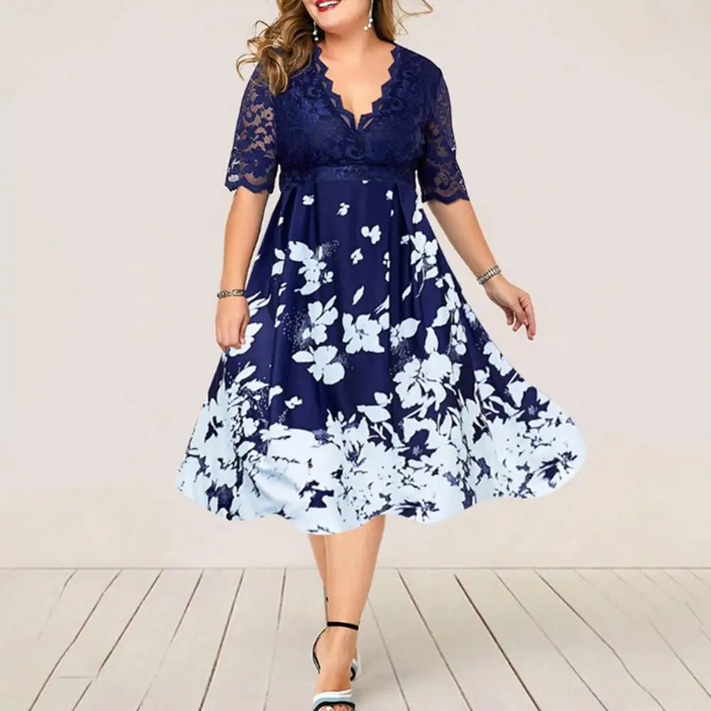 

Formal Dresses Lace Patchwork V Neck Female Elegant Short Sleeve Party Evening Wedding Dress Plus Size Dress for Women 2021