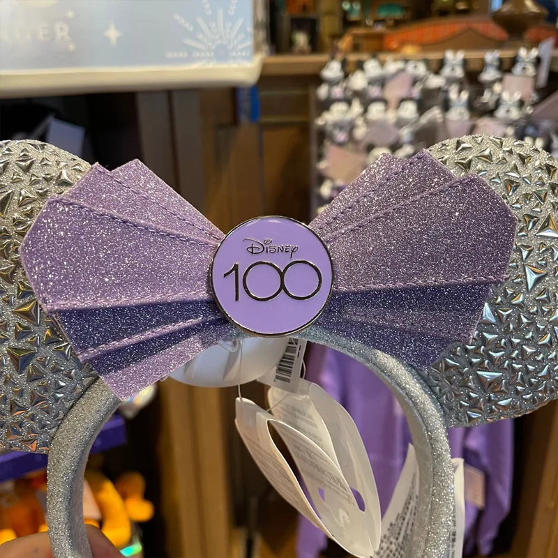 2023 Disney 100th Anniversary Hairband Headband Shanghai Disneyland Rivet Head Hoop Purple+Silver Mickey Minnie Ear Headdress