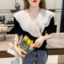  Loose Gauze Spliced V-Neck Bandage Button Oversized Chiffon Blouse 2022 Summer New Commute Tops Sweet Chic Women Clothing Shirt 