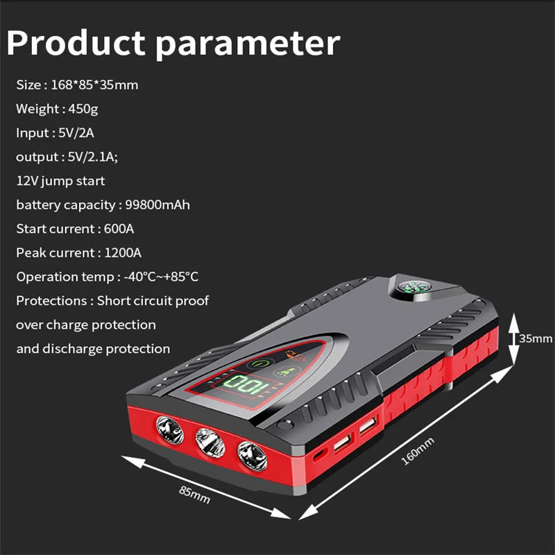 99800mah 1000A Portable Jump Starter Voor Auto Batter Power Bank Emergency Batterij Booster Starten Charger Voor Car 12V 6.0L