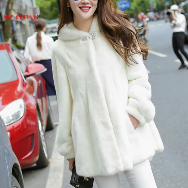 Fashion Casuak Thick Waem Mink Fur Coat Long Sleeve Overcoats Winter New Haining Mid-length Hooded Long-sleeved Mink Coat Female