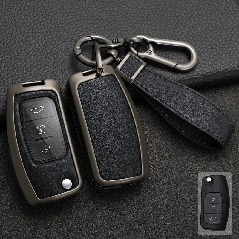 

3 Buttons New Zinc Alloy + Leather Car Key Case Cover For Ford Fiesta Focus 2 Ecosport Kuga Escape Falcon B-Max C-Max Eco Sport