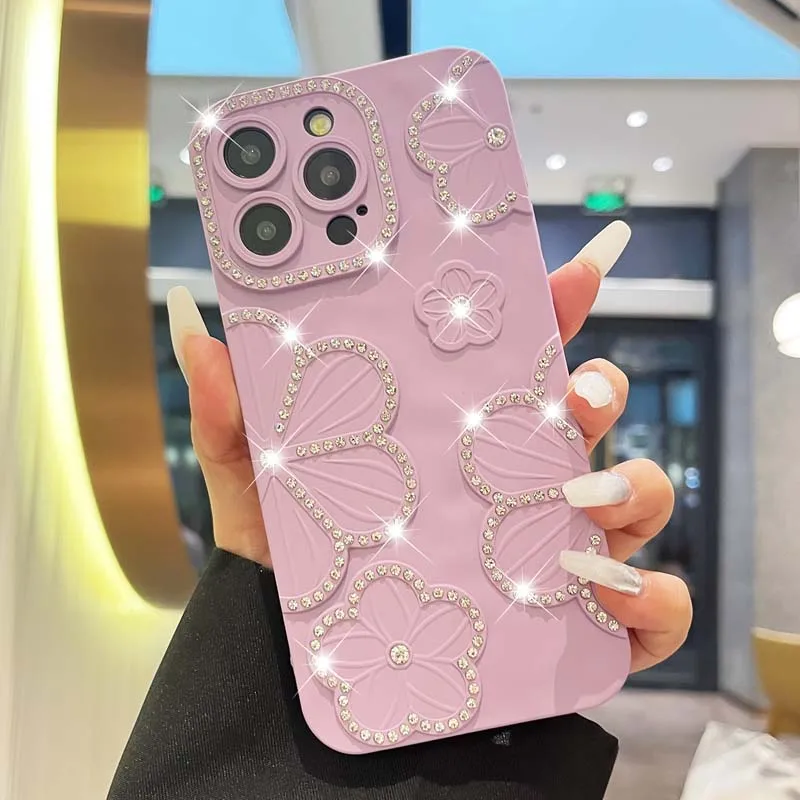 thumbnail image 1 of Funda transparente con diseño de flores y diamantes con baño de purpurina para iPhone 16, 15 Pro Max, 14, 13, 12 y 11, funda de silicona suave a prueba de golpes con brillantes diamantes de imitación, 1 of 5
