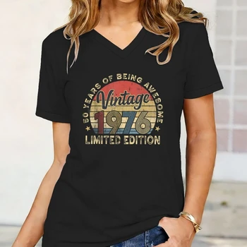 Vintage 1976 50th Birthday Print V Neck T-Shirt Women Retro Casual Tee for Birthday Gift & Daily Wear 1976 Limited Edition Tees 1