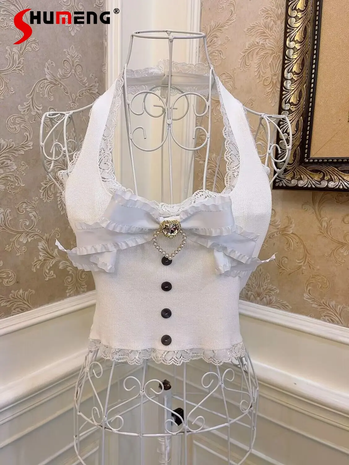 

Lolita White Tank Summer New Sweet Love Diamond Fungus Lace Slim Fit Halterneck Vest Top Short Camisole Female