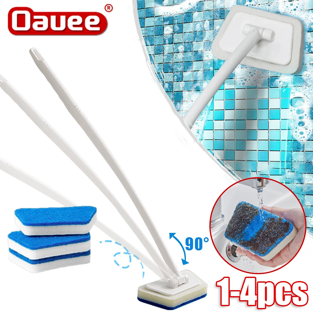 1pc Long Handle Bathroom Cleaning Sponge with Removable Ceramic Tile Brush  - Multi-Functional Floor and Tub Cleaning Tool for Easy and Effective Clean