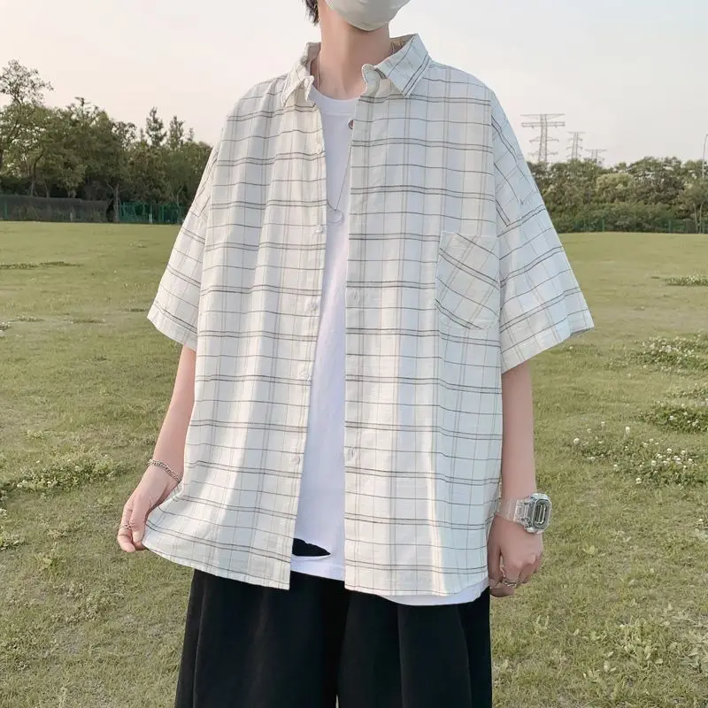 

Summer Cool Men Short-sleeved Shirt Anti-wrinkle Plaid Fashion Office Casual Loose Button Pocket Shirt Male Clothing Top Q63