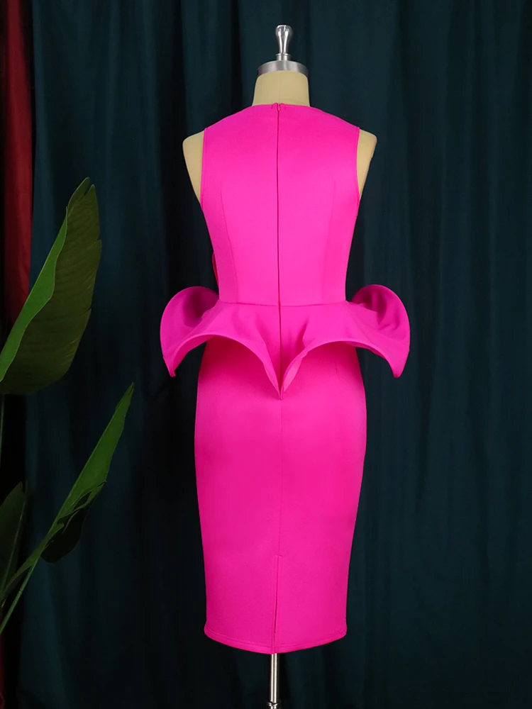 Cocktail Event Dresses Curvy Women Sexy Fuchsia V Neck Sleeveless Flower Ruffles High Waist Birthday Party Outfits Plus Size 4XL