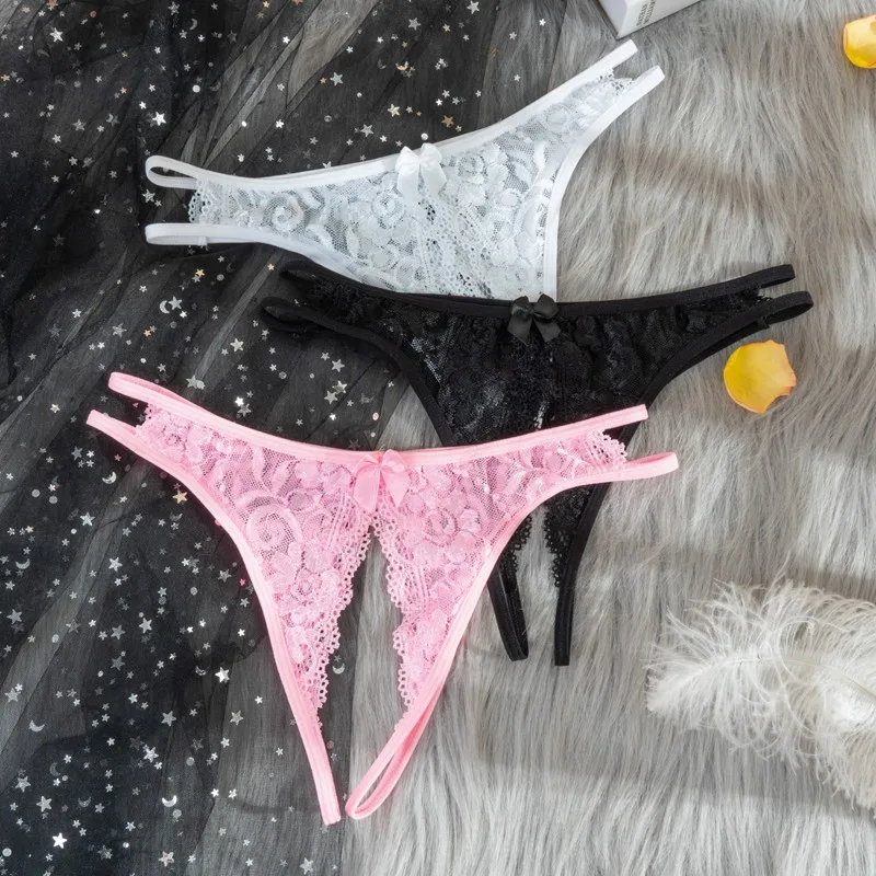 Women Lingerie Sexy Open Crotch Panties Thong Exotic Lace Transparent Crotchless G String Underwear