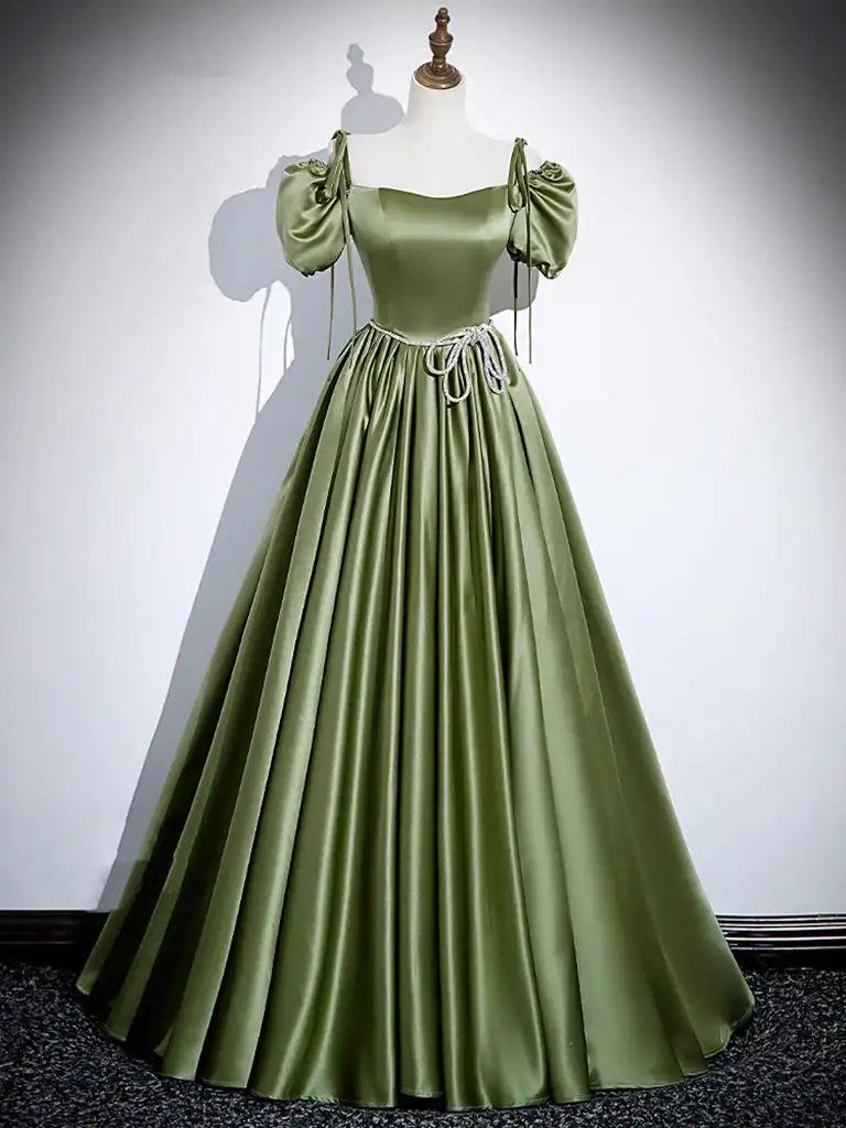 

Vintage Long Strapless Satin Green Evening Dresses With Sash/Pockets A-Line Floor Length Formal Occasion Prom Party Gowns