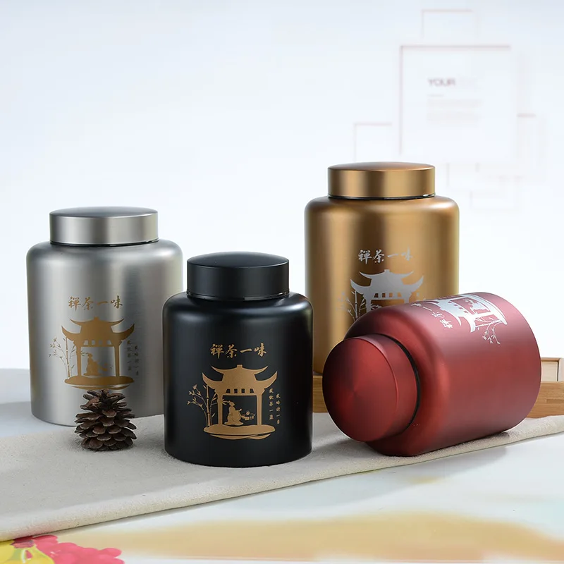 

Black Tea Pu'er Tea Packaging Container Metal Tea Sealed Tin Round Storage Stainless Steel Tea Jar