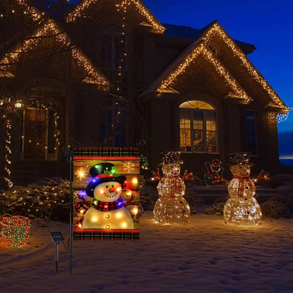 12x18" Double Sided Solar Led Snowman Garden Flag For Outdoor Farmhouse Garden Lawn Christmas Decoration Lighted Yard Flags