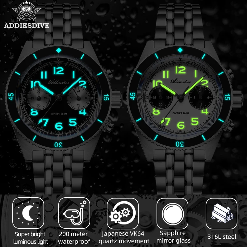 ADDIESDIVE New Panda Chronograph Sapphire Luxury Men's Watch Waterproof 200m Stainless Steel Sport Quartz Watch