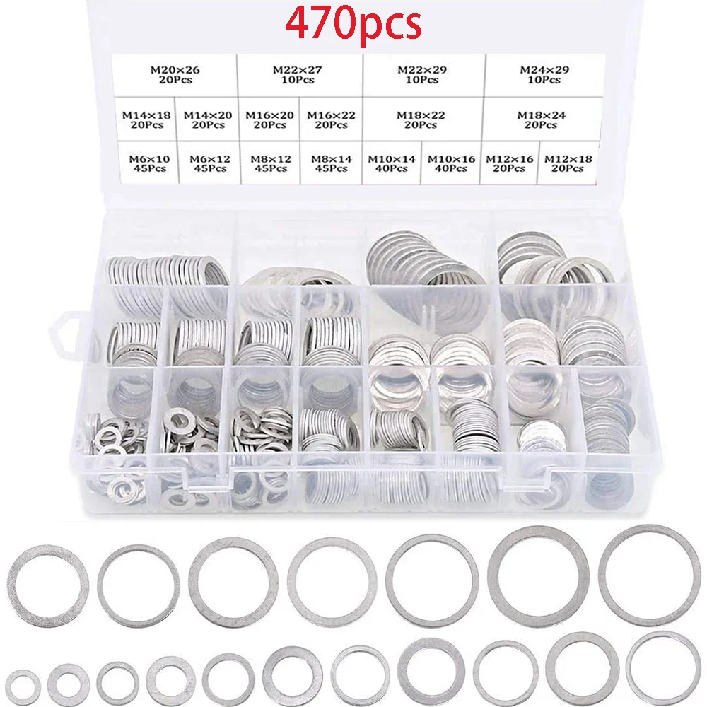 

470Pcs Automotive Metric Oil Drain Plug Washer Aluminum Flat Washer Combination Kit, 18 Different Sizes M6/8/10/12/14/18/22/24