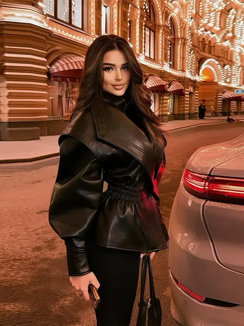 Turn-down Collar Women Winter Faux Leather Coats 2025 Autumn Zipper Slim Female Long Sleeve Elastic Waist Jacket Cool Girls Coat 4