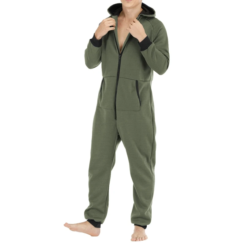 Men s Thicken Hooded Jumpsuits Tracksuit Drawstring Sweatshirts Rompers Full Zip Hoodies Overalls with Pockets