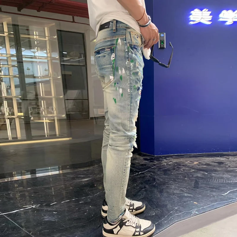 Latest Street Fashion Men's Jeans Vintage Painted Light Blue Elastic Slim Fit Split Jeans Men's Blue Designer Hip Hop Brand Pant