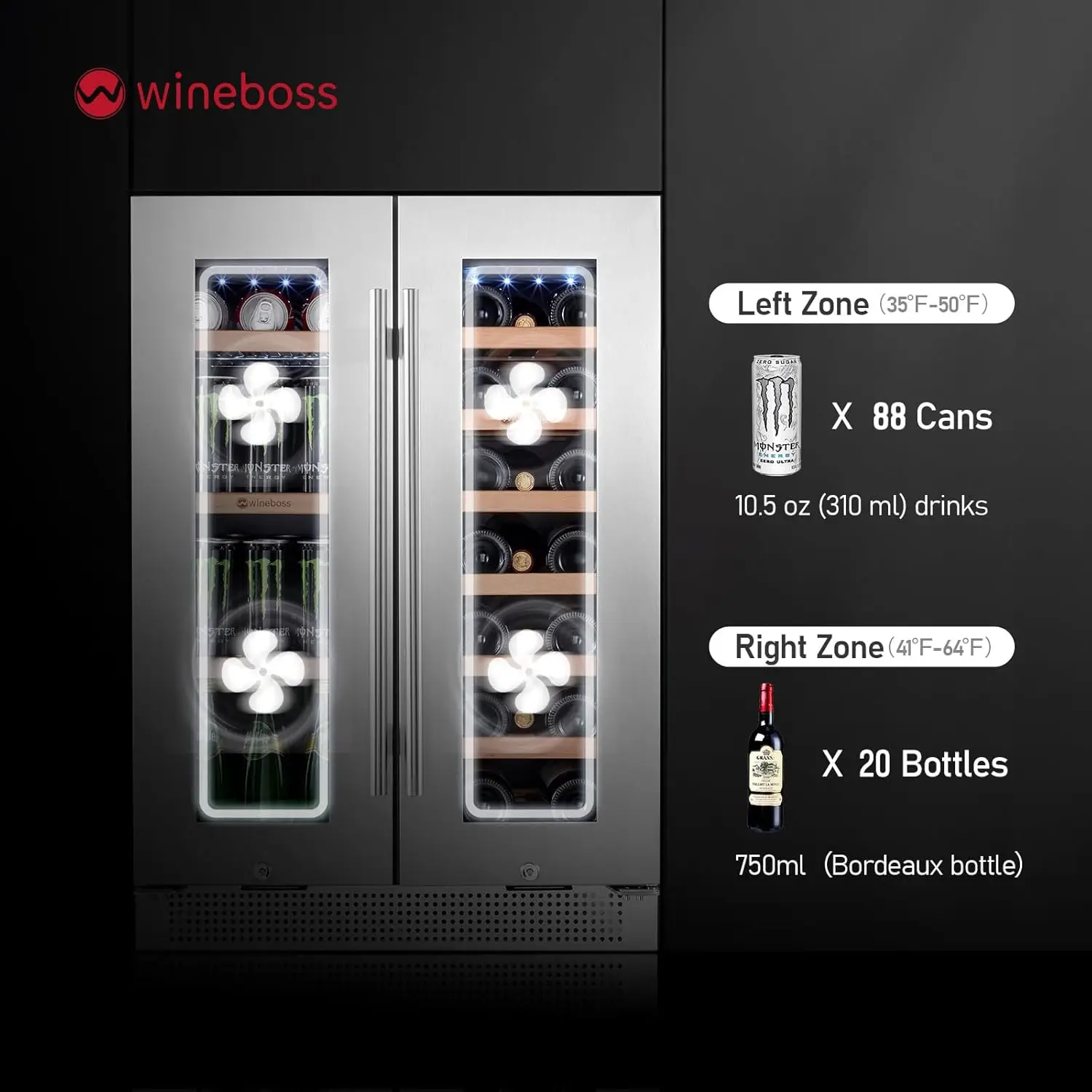 24inch Wine and Beverage Refrigerator, 20 Bottle& 88 Cans Dual Zone Fridge Built-in Under Counter Cooler Freestanding