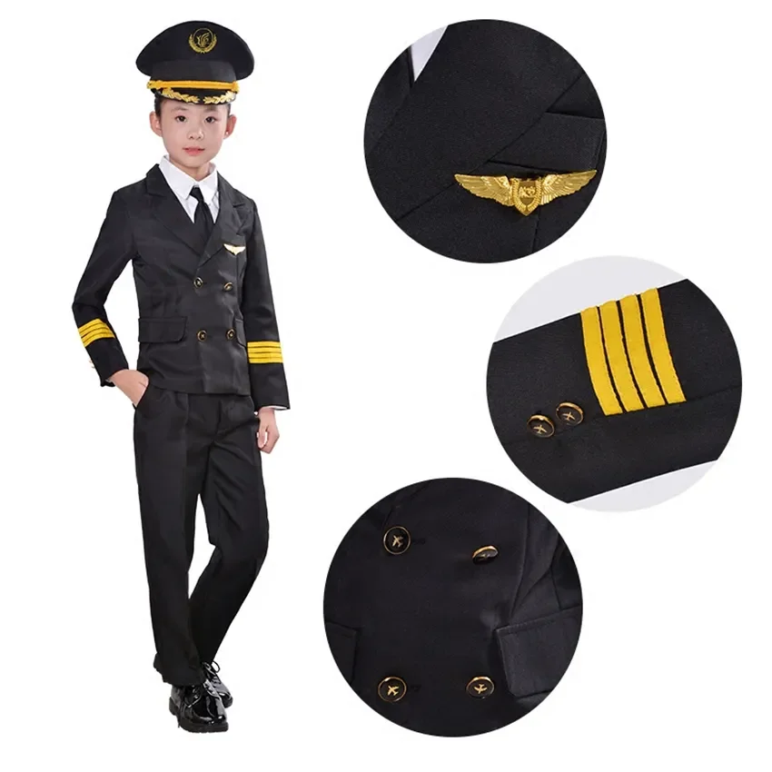 어린이 항공기 코스프레 코스튬 할로윈 파티 스튜어디스 정장, 멋진 파일럿 유니폼, 소녀 공연 의류 세트, 90-160cm