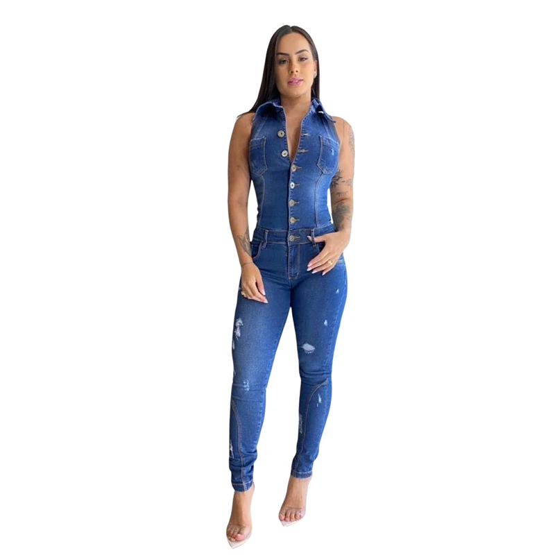 

Slim Sleeveless Jeans Jumpsuit Denim Playsuit for Women 2022 with Buttons Cotton Elegance Jeans Woman Ladies Jump Suit Overalls