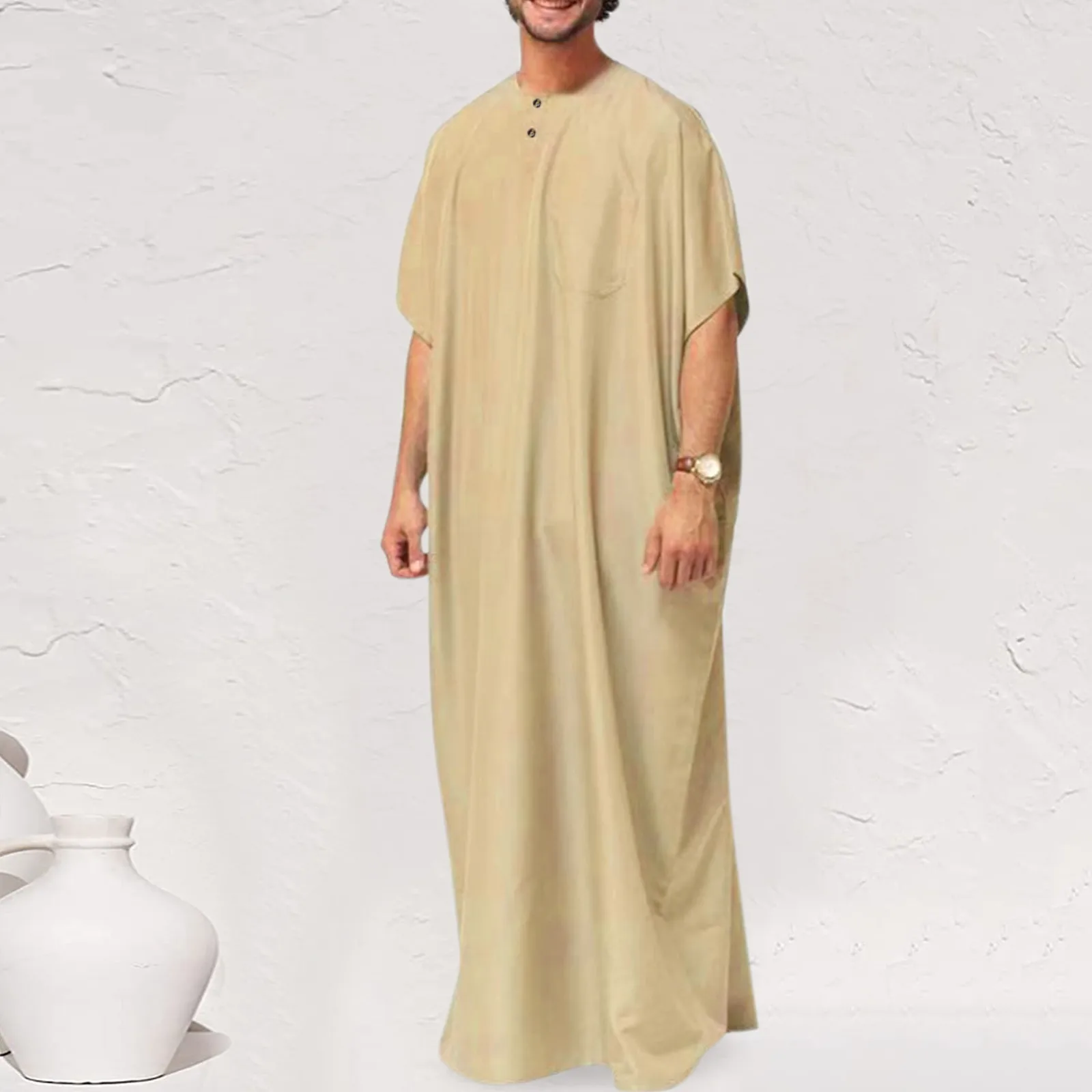 Men's Muslim Robe Fashion Elegant Solid Color Robe With Pocket Vintage Arabic Dubai Islamic Muslim Casual Abaya Robe Jubba Thobe