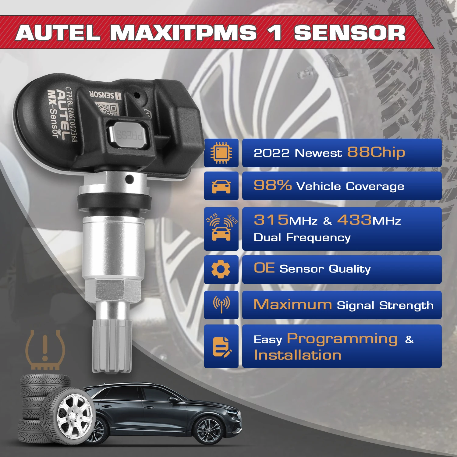 Tire Pressure Monitor Autel 2in1 MX-Sensors TPMS Car Tire Sensor 433MHZ 315MHZ Clone-able Programming Work with TS501 TS508 Russian