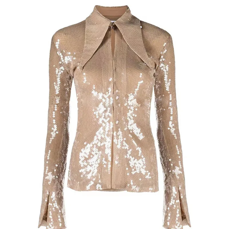 

Женская блузка с длинным рукавом, Элегантная блузка цвета шампанского с острым воротником, украшенная бусинами и тяжелыми блестками, женская одежда, новый дизайн 2023