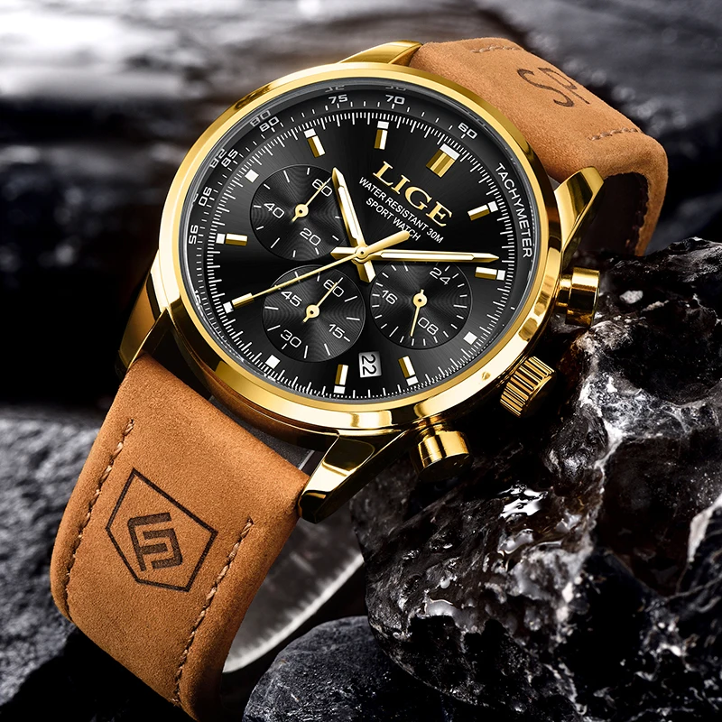 Men's Luxury Quartz Chronograph Leather Watch - Elegant & Waterproof Sport Design by LIGE