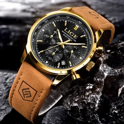 Men's Luxury Quartz Chronograph Leather Watch - Elegant & Waterproof Sport Design by LIGE (Gold black)